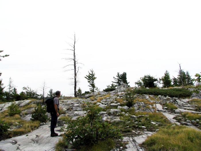 Wayne looking for the cairn on the ridge - Killarney Provincial Park